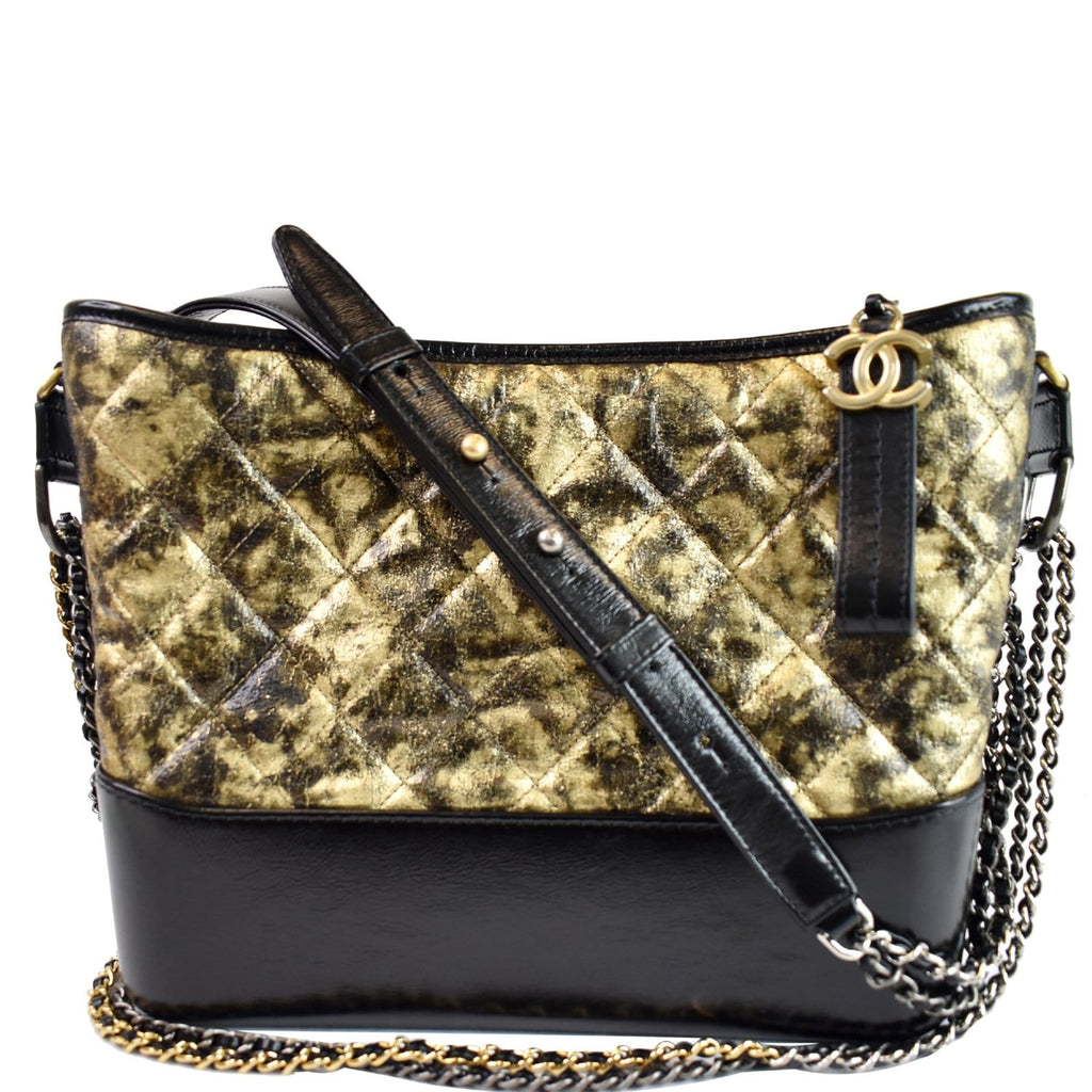 CHANEL Gabrielle Metallic Crumpled Leather Hobo Shoulder Bag Black/Gold