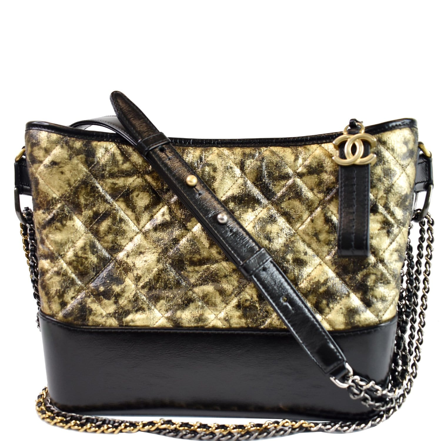CHANEL Gabrielle Metallic Crumpled Leather Hobo Shoulder Bag Black/Gold