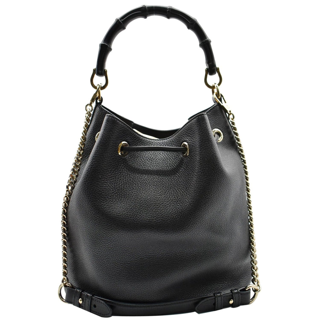 GUCCI Miss Bamboo Medium Leather Bucket Shoulder Handbag Black 387613