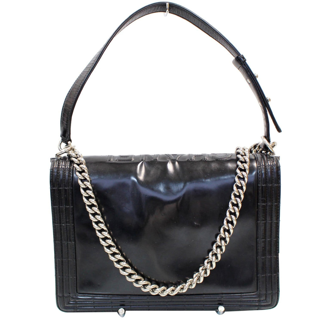 CHANEL Large Boy Glazed Calfskin Leather Shoulder Bag Black