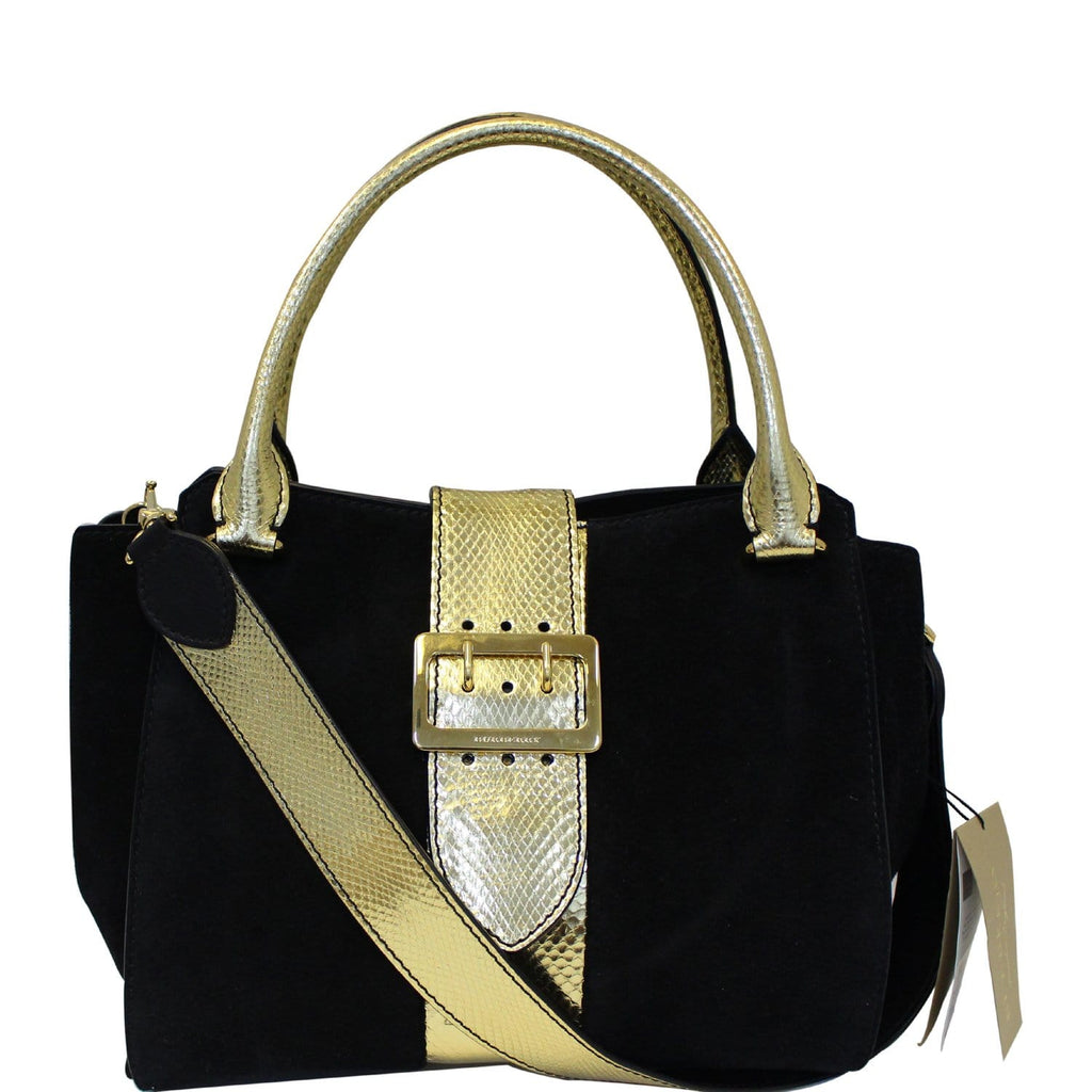 BURBERRY The Medium Buckle Suede and Snakeskin Tote Shoulder Bag Black