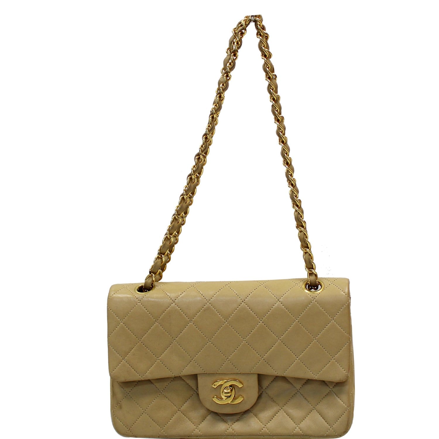 CHANEL CC Double Flap Calfskin Leather Chain Shoulder Bag Beige