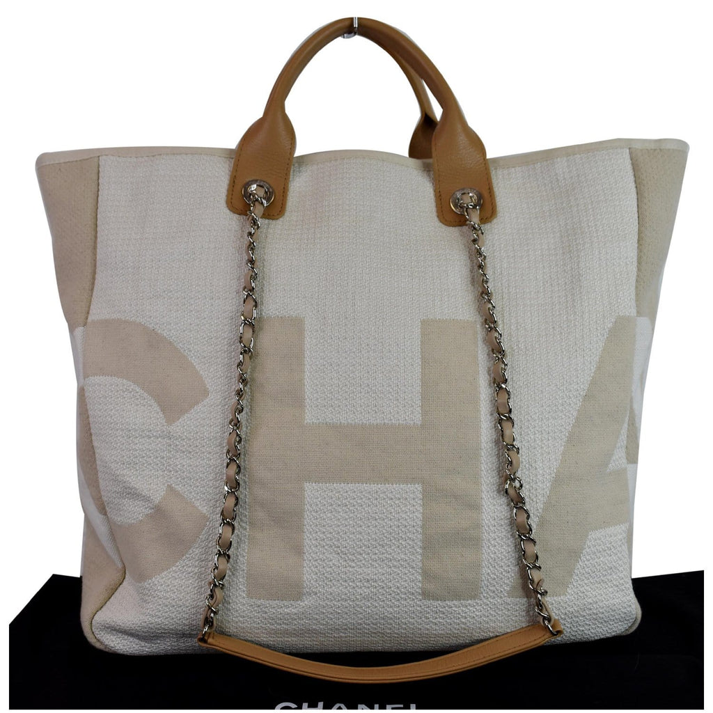 CHANEL 18P Deauville 2Way Logo Chain Shopping Tote Bag Beige