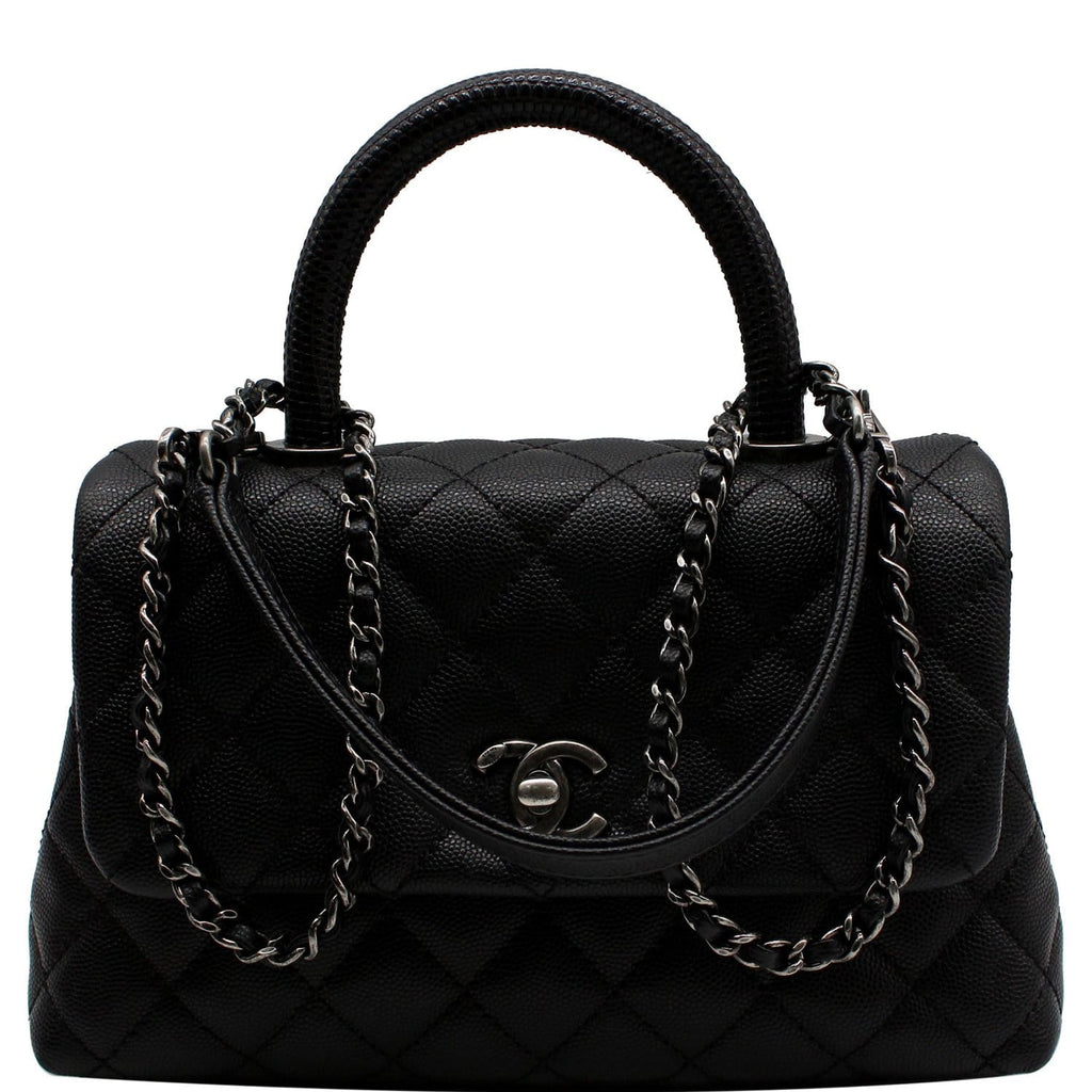 CHANEL Coco Mini Top Lizard Handle Caviar Leather Shoulder Bag Black