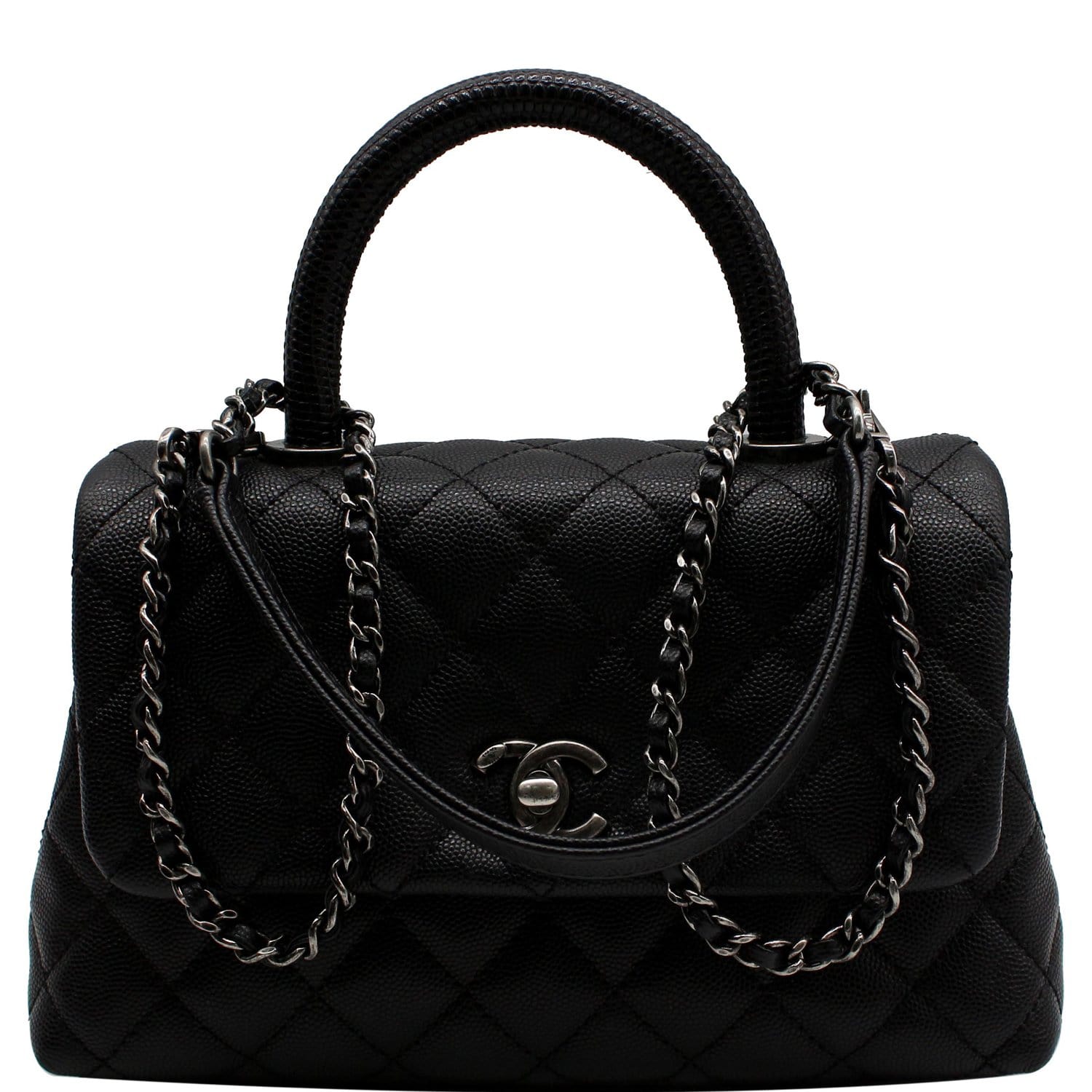 CHANEL Coco Mini Top Lizard Handle Caviar Leather Shoulder Bag Black