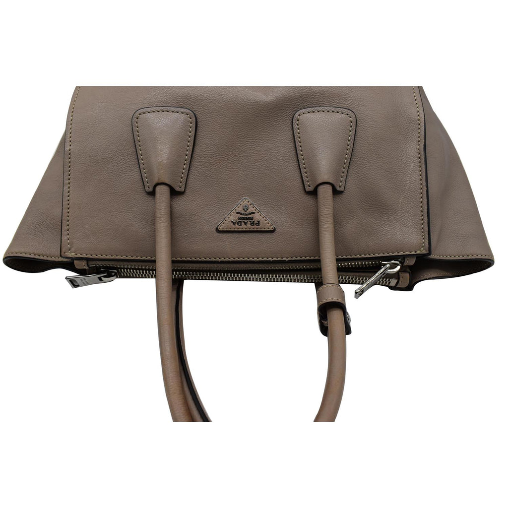 PRADA City Twin Pocket Calf Leather Tote Shoulder Bag Taupe