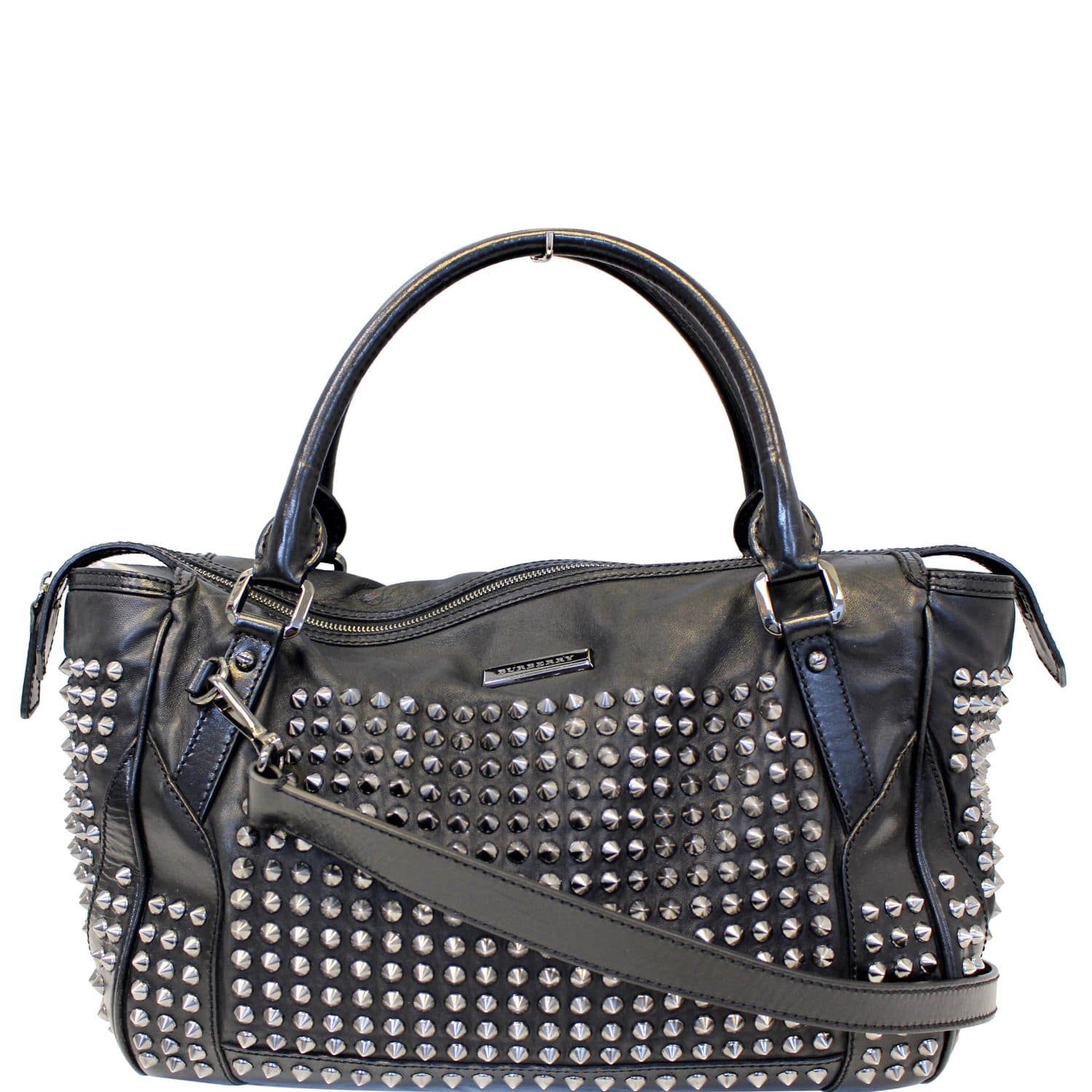 BURBERRY Studded Leather Satchel Shoulder Bag Black