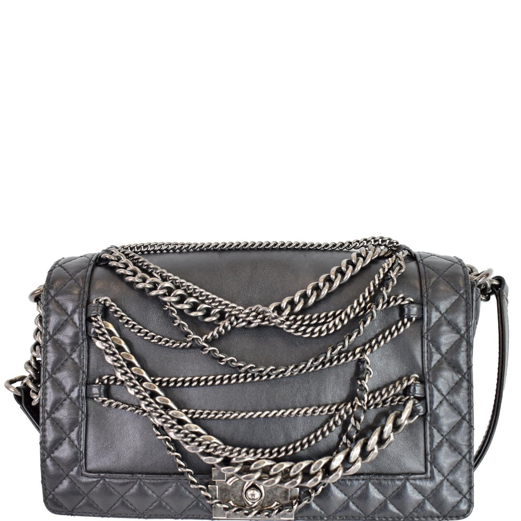 CHANEL Boy Enchained Medium Calfskin Leather Flap Shoulder Bag Black