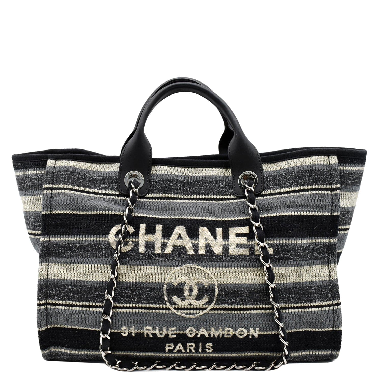 CHANEL Deauville Medium Striped Tweed Canvas Tote Bag Black/Grey