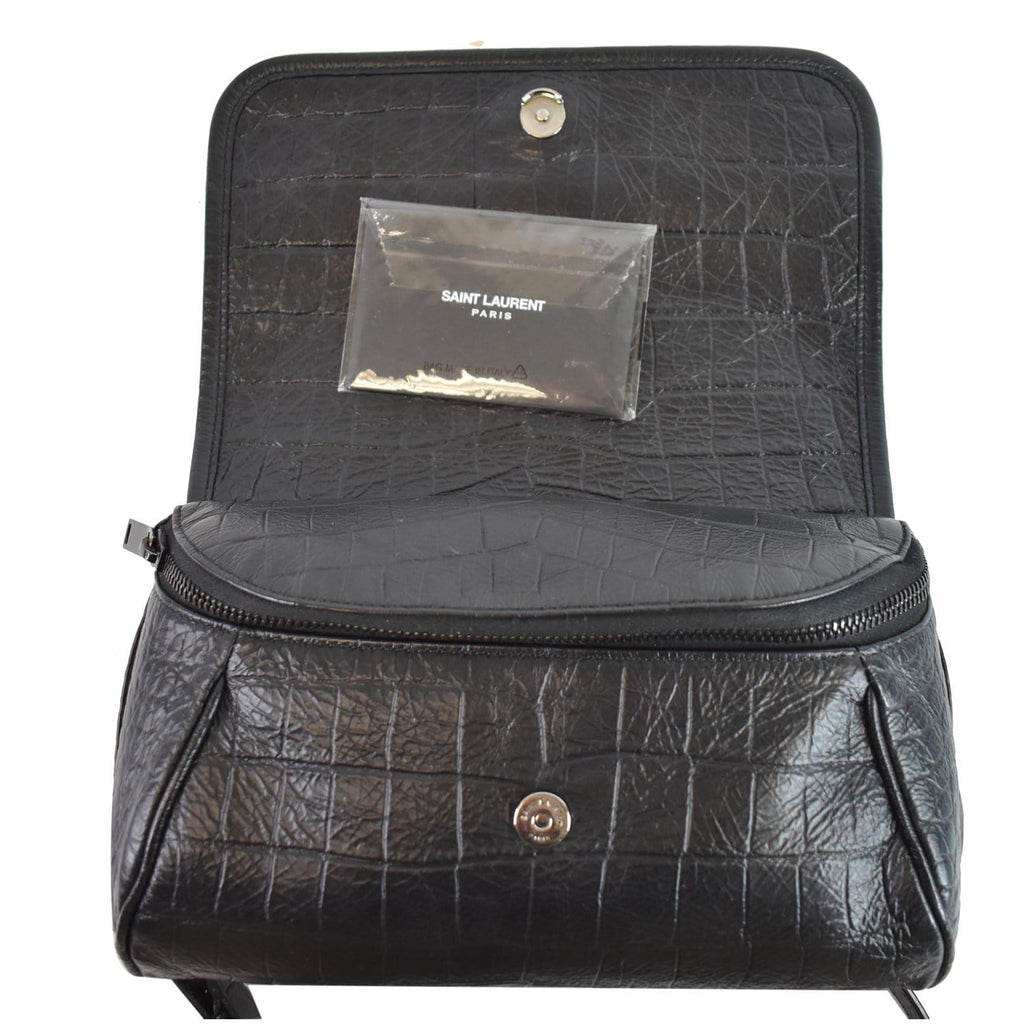 YVES SAINT LAURENT Niki Croc Embossed Leather Shoulder Bag Black