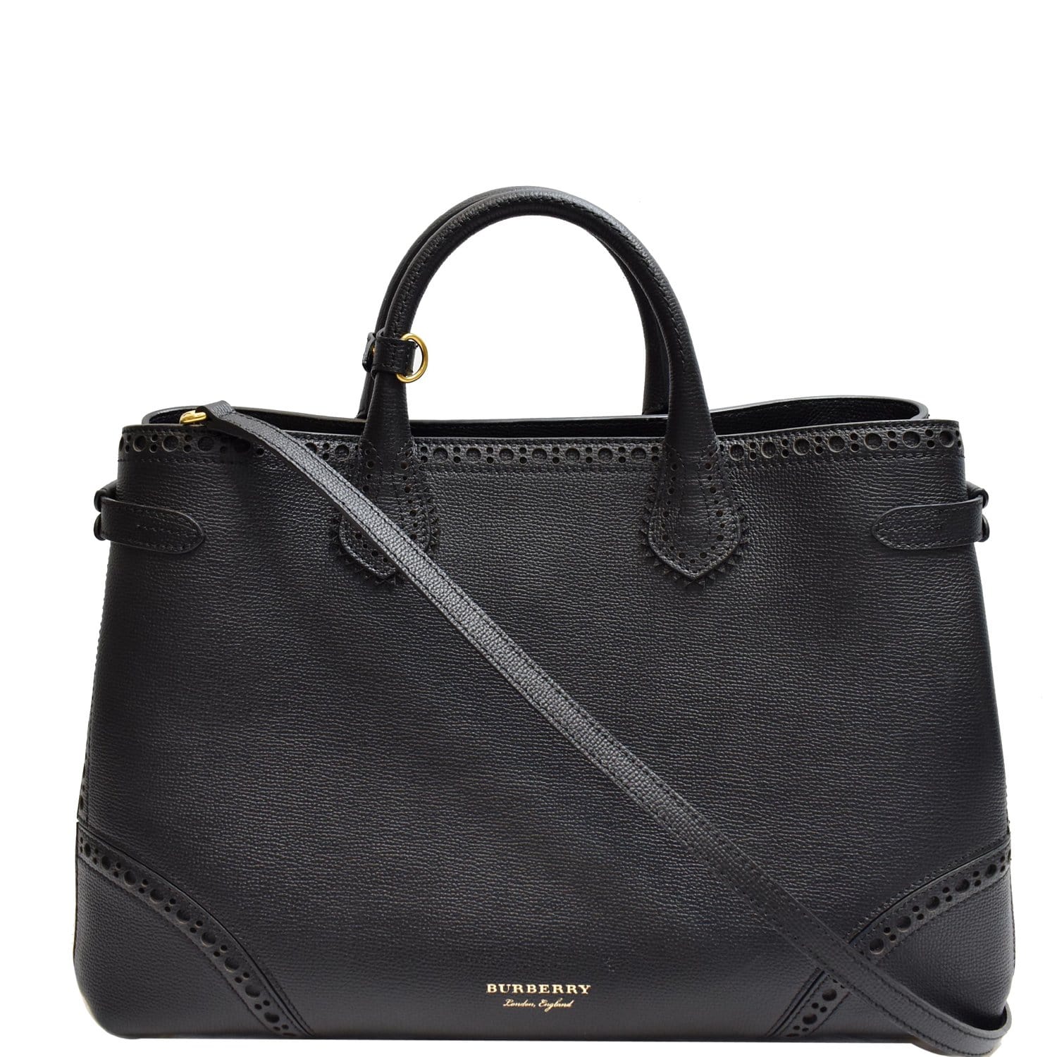 BURBERRY Large Banner Calfskin House Check Leather Tote Shoulder Bag Black
