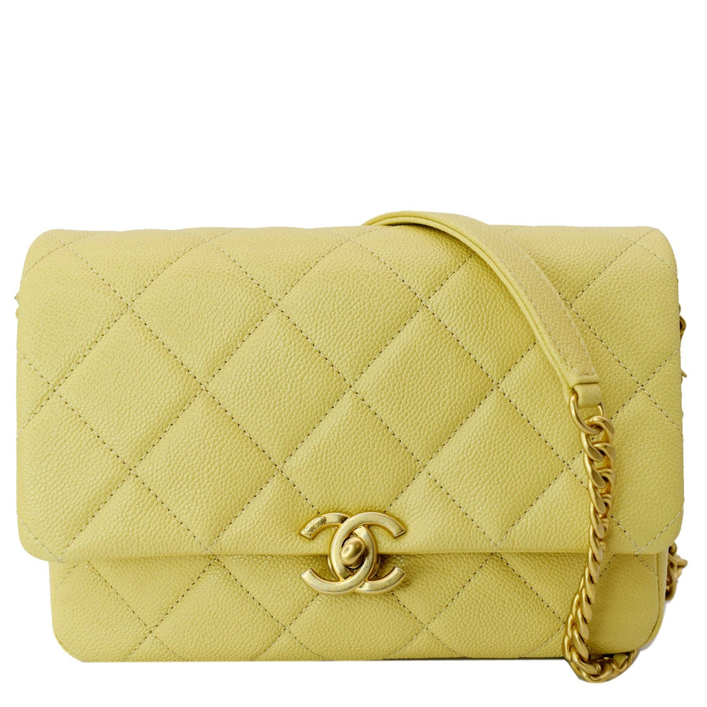 CHANEL Melody Flap Small Quilted Caviar Leather Shoulder Bag Yellow