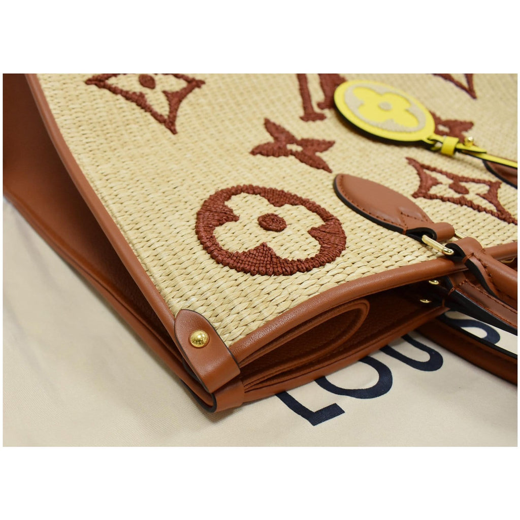 LOUIS VUITTON Onthego MM Monogram Raffia Shoulder Bag Tan