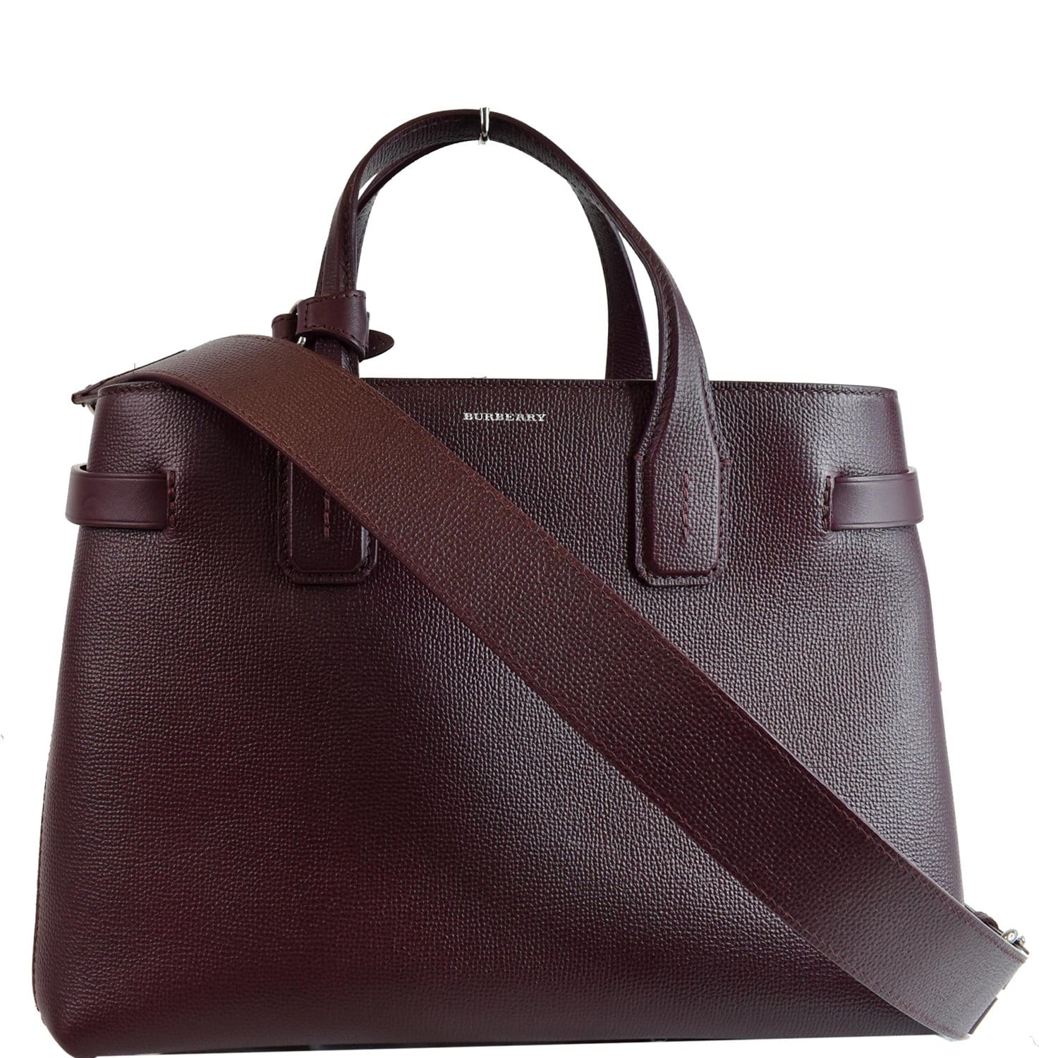 BURBERRY Medium Banner Derby Leather Tote Shoulder Bag Red