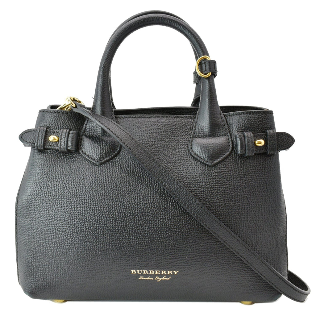 BURBERRY Derby Banner Small House Check Leather Tote Shoulder Bag Black