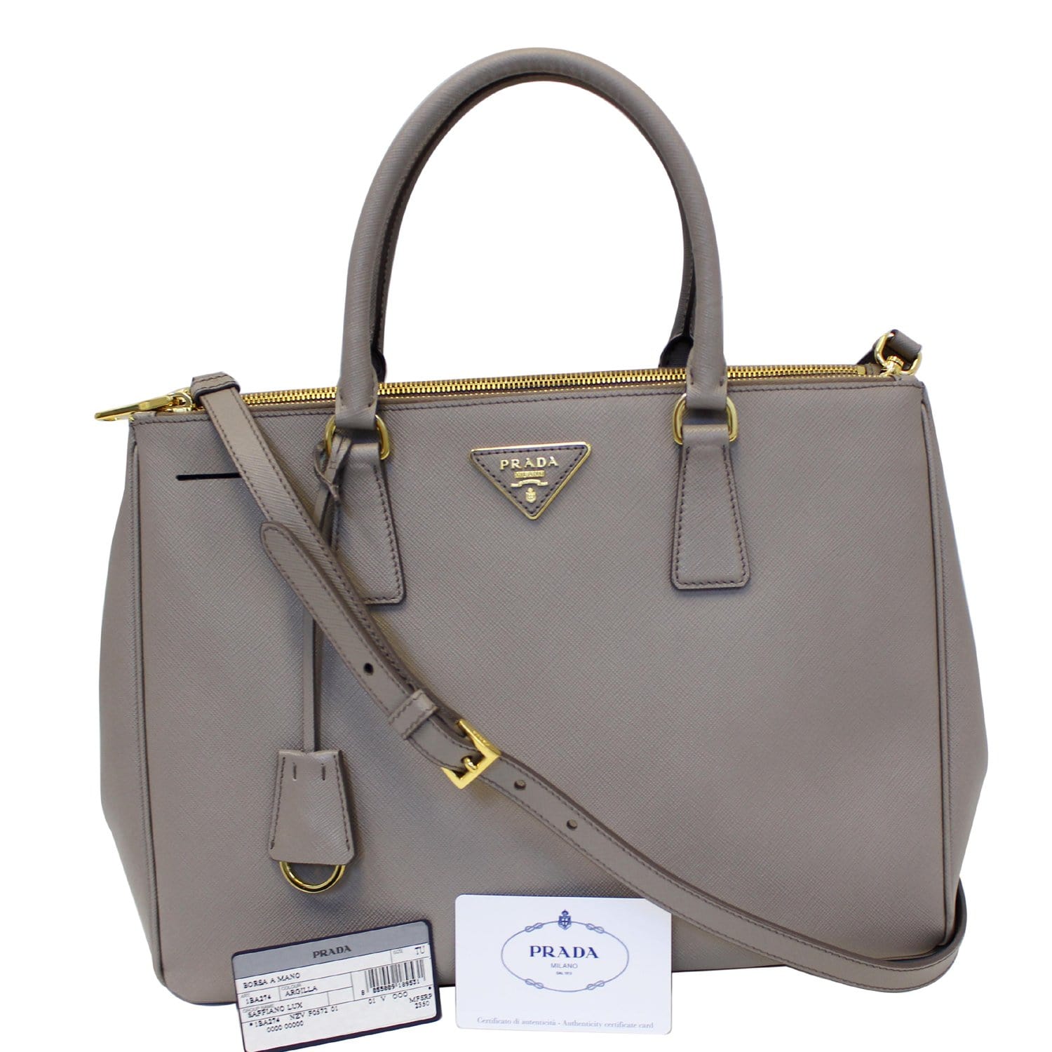 PRADA Saffiano Double Zip Executive Tote Shoulder Bag Grey