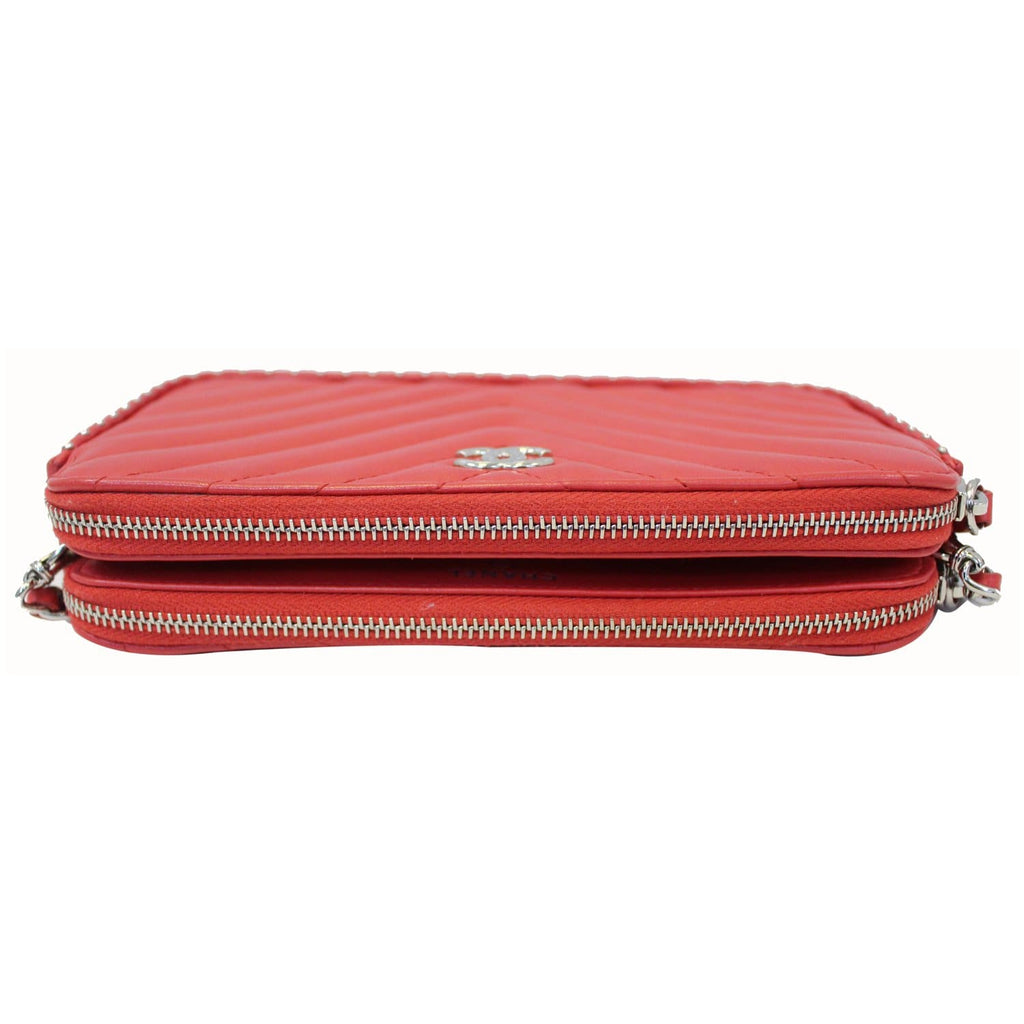 CHANEL Chevron Studded with Chain Lambskin Leather Shoulder Crossbody Bag Red