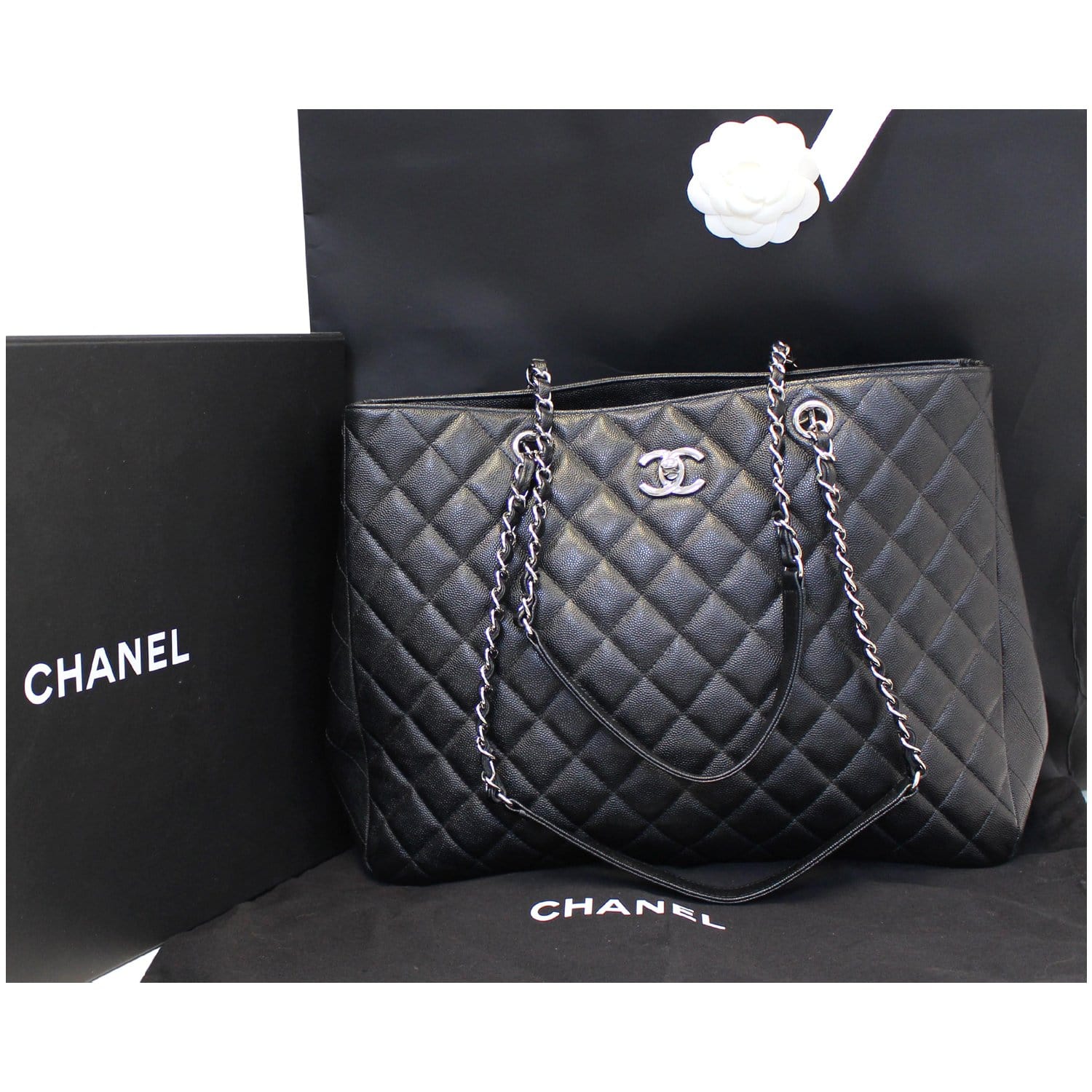 CHANEL Large Classic Caviar Leather Tote Shoulder Bag Black