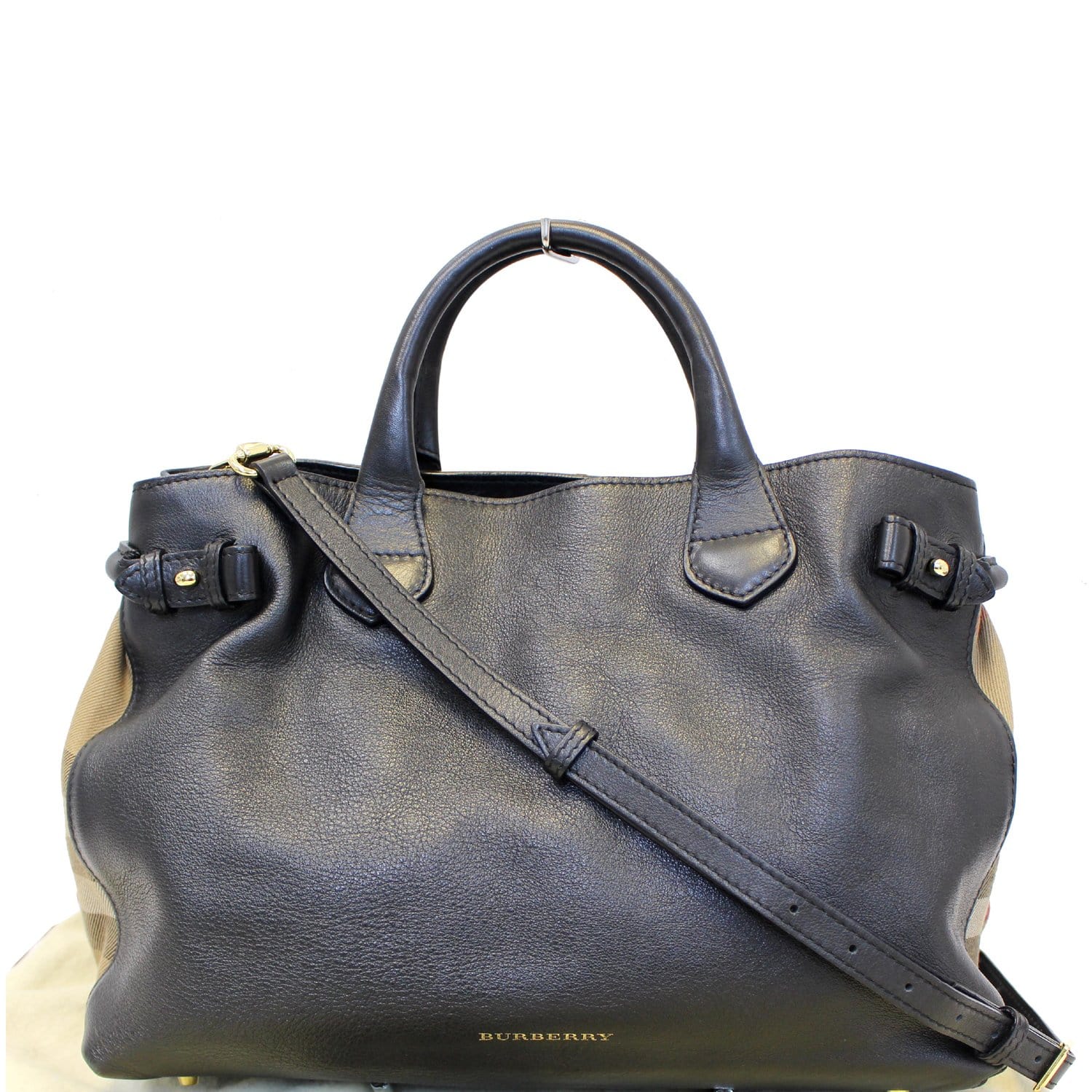BURBERRY Black Calf Leather House Check Medium Banner Tote Bag