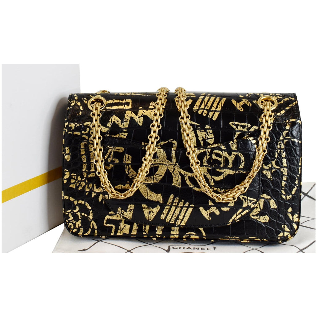 CHANEL Reissue 2.55 Flap Crocodile Embossed Graffiti Shoulder Bag Black