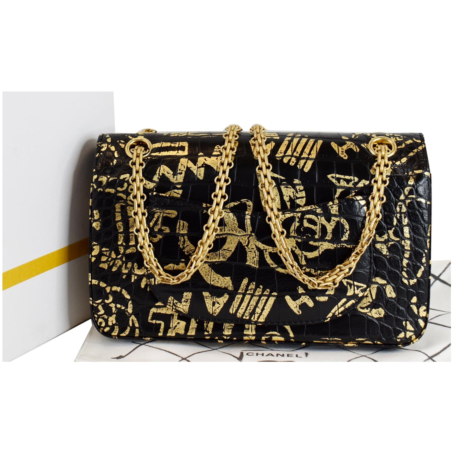 CHANEL Reissue 2.55 Flap Crocodile Embossed Graffiti Shoulder Bag Black