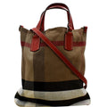 BURBERRY Susanna Medium Check Canvas Leather Bucket Shoulder Bag Red