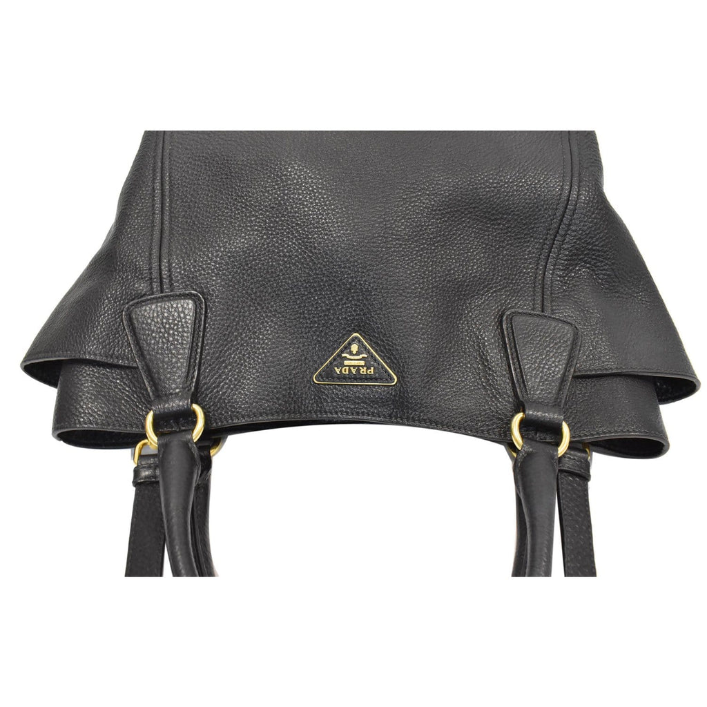 PRADA Vitello Daino Side-Pocket Leather Tote Shoulder Bag Black