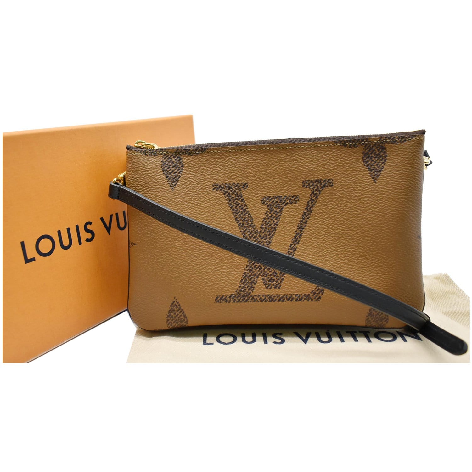 LOUIS VUITTON Double Zip Pochette Reverse Monogram Giant Shoulder Bag Brown