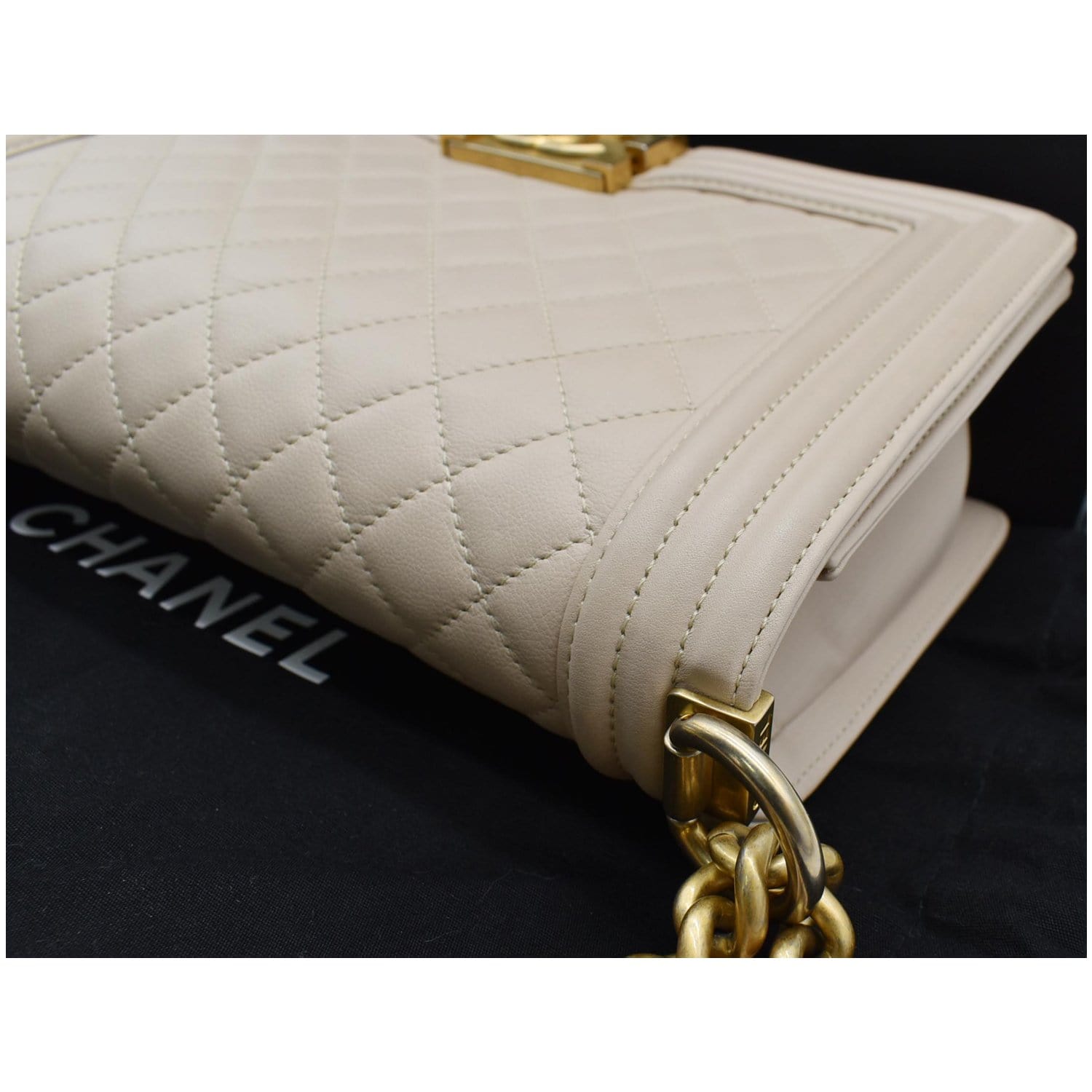 CHANEL Medium Boy Flap Calfskin Leather Shoulder Bag Light Cream