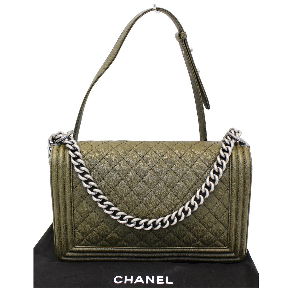 CHANEL Medium Boy Flap Caviar Leather Shoulder Bag Olive Green