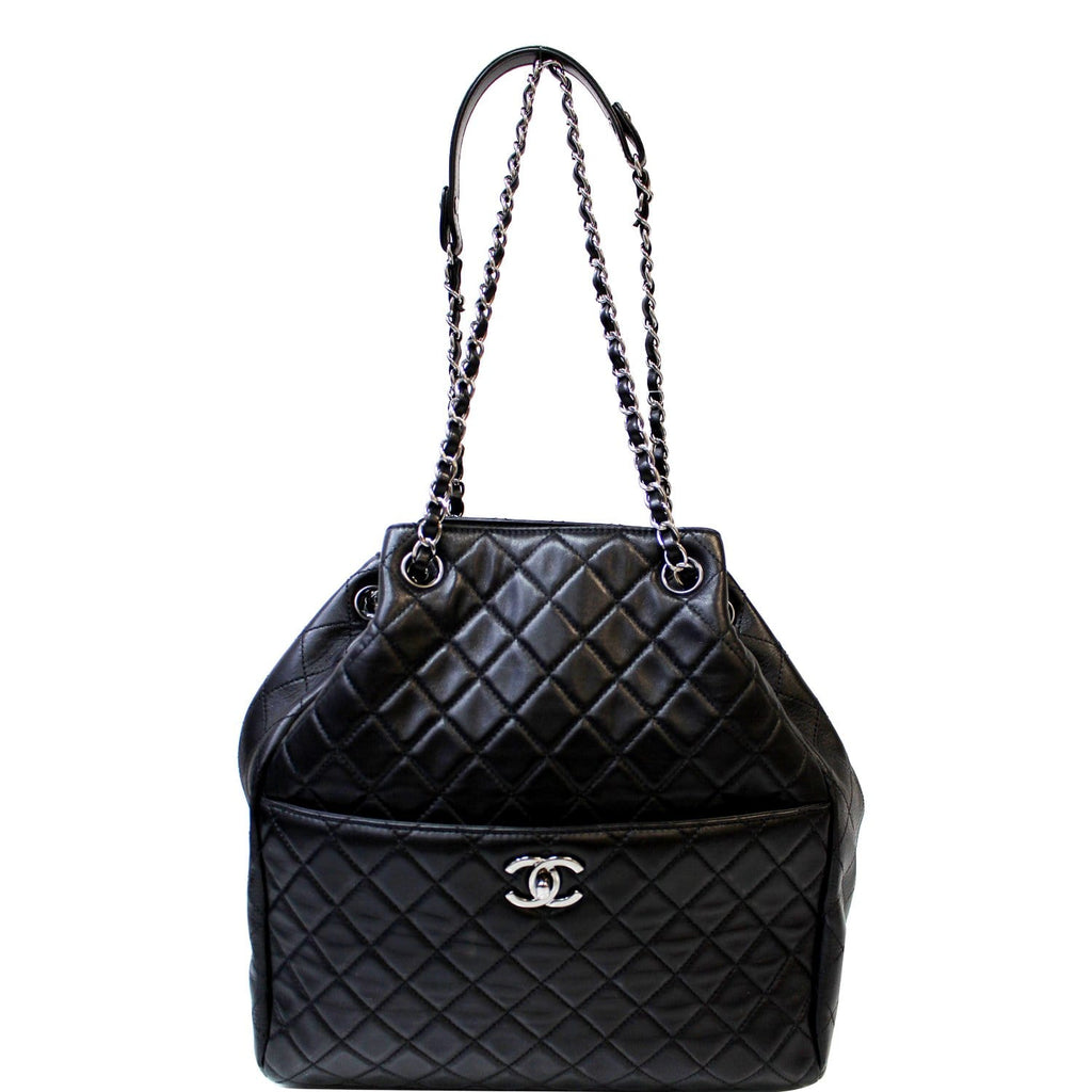 CHANEL Drawstring Bucket Quilted Lambskin Leather Shoulder Bag Black