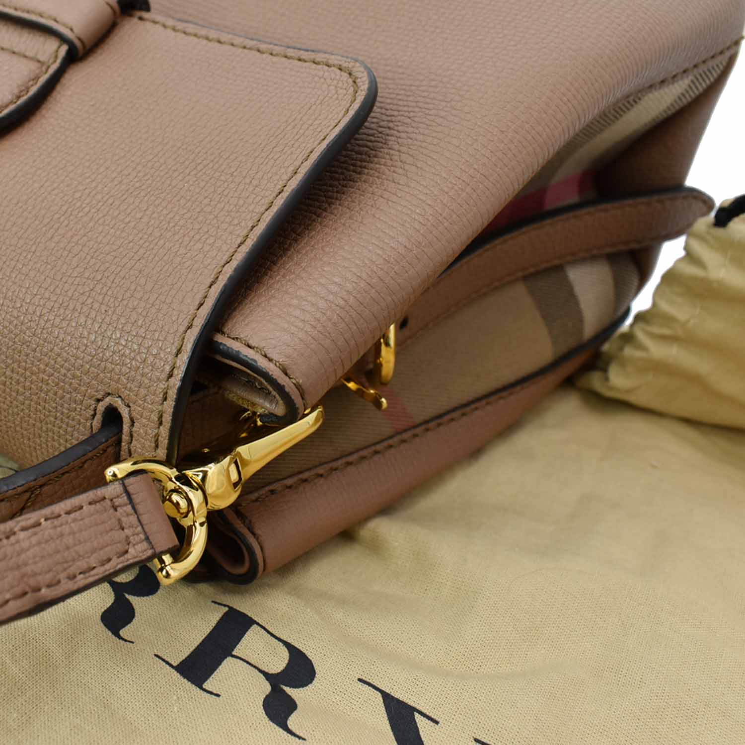 BURBERRY Banner Derby Small House Check Leather Tote Shoulder Bag Pale Taupe