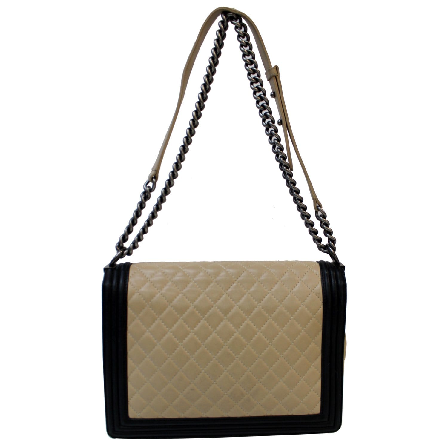 CHANEL Bi-Color Large Boy Flap Quilted Lambskin Leather Shoulder Bag Beige