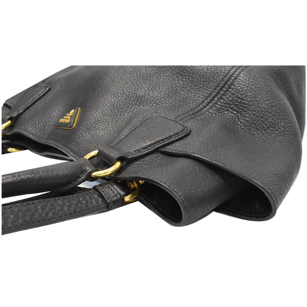 PRADA Vitello Daino Side-Pocket Leather Tote Shoulder Bag Black