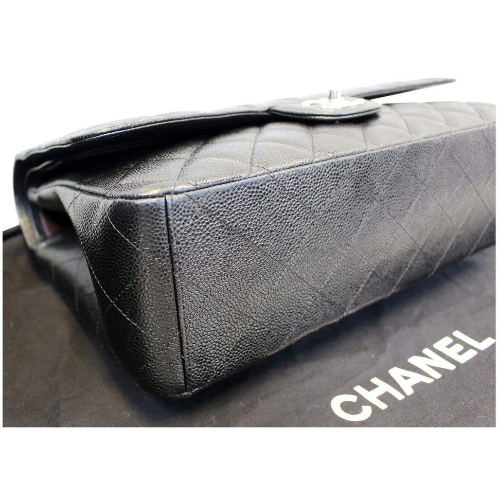 CHANEL Maxi Caviar Leather Jumbo Double Flap Shoulder Bag Black