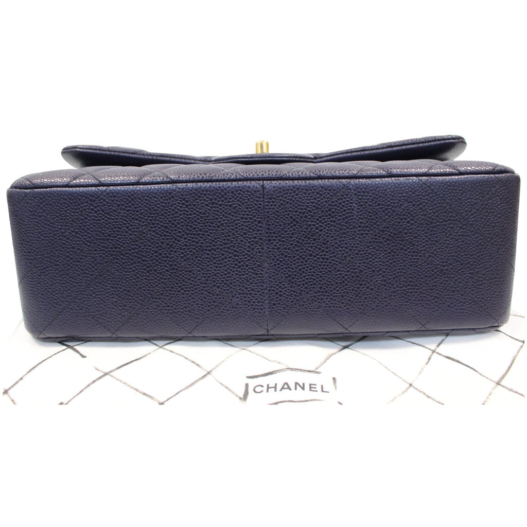 CHANEL Jumbo Double Flap Caviar Leather Shoulder Bag Navy Blue