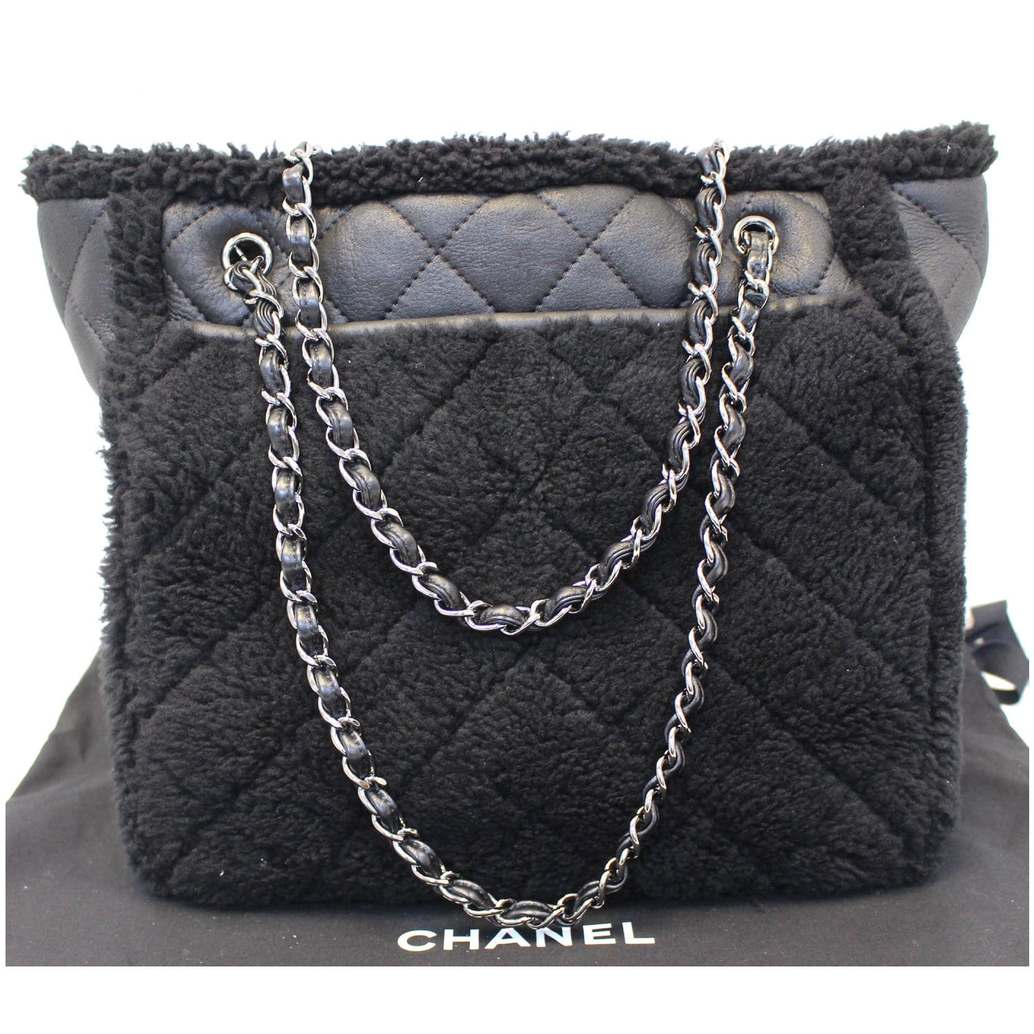 CHANEL Cozy CC Shearling and Lambskin Tote Bag Black