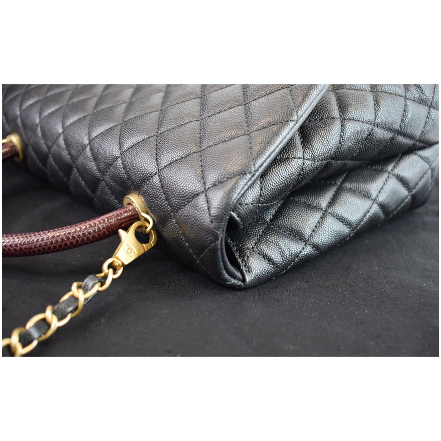 CHANEL Medium Coco Quilted Caviar Lizard Handle Shoulder Bag Black