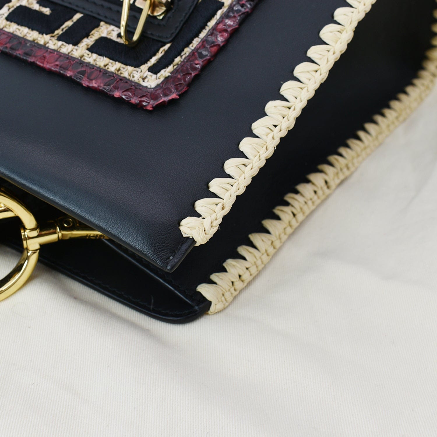 FENDI Raffia Embroidered Python Leather Shoulder Bag Black