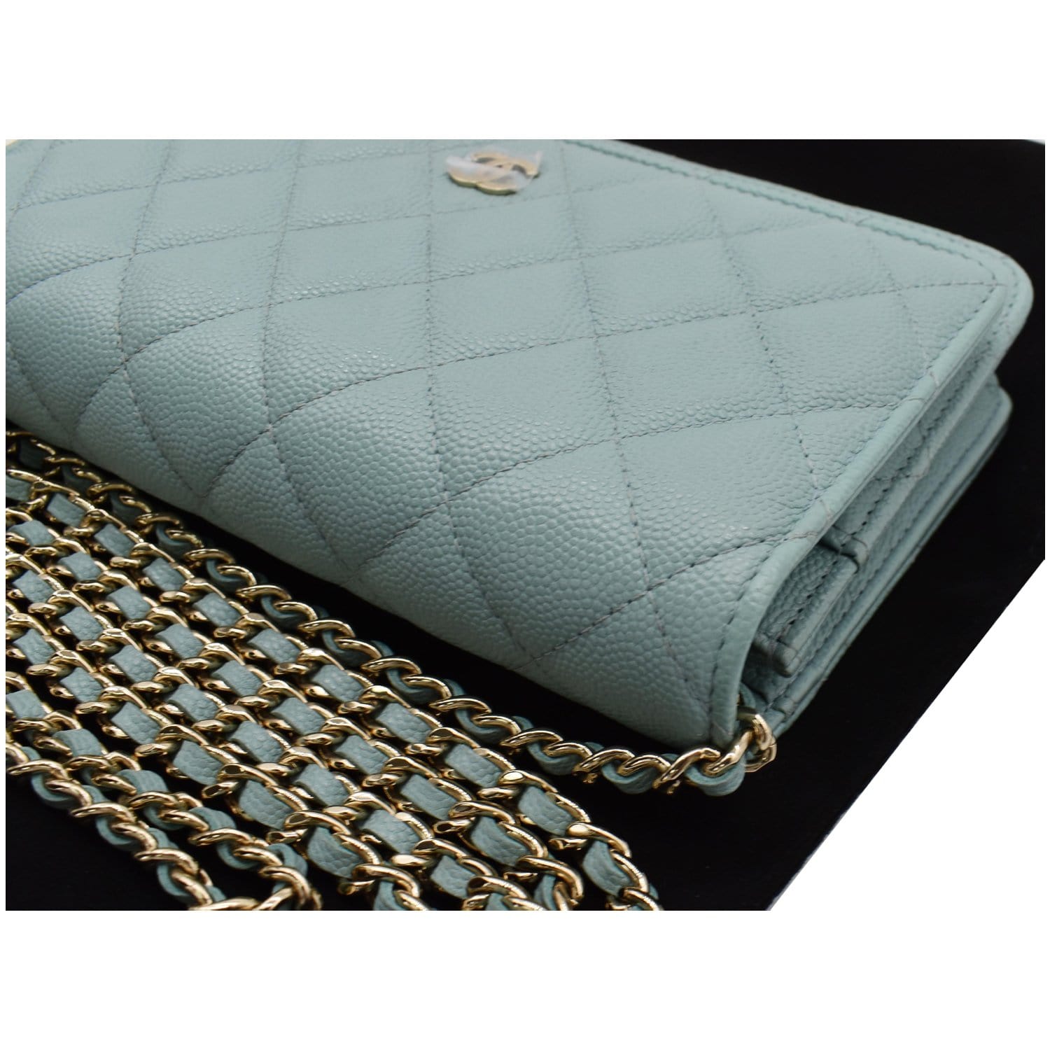 CHANEL CC WOC Caviar Leather Wallet On Chain Shoulder Bag Light Blue