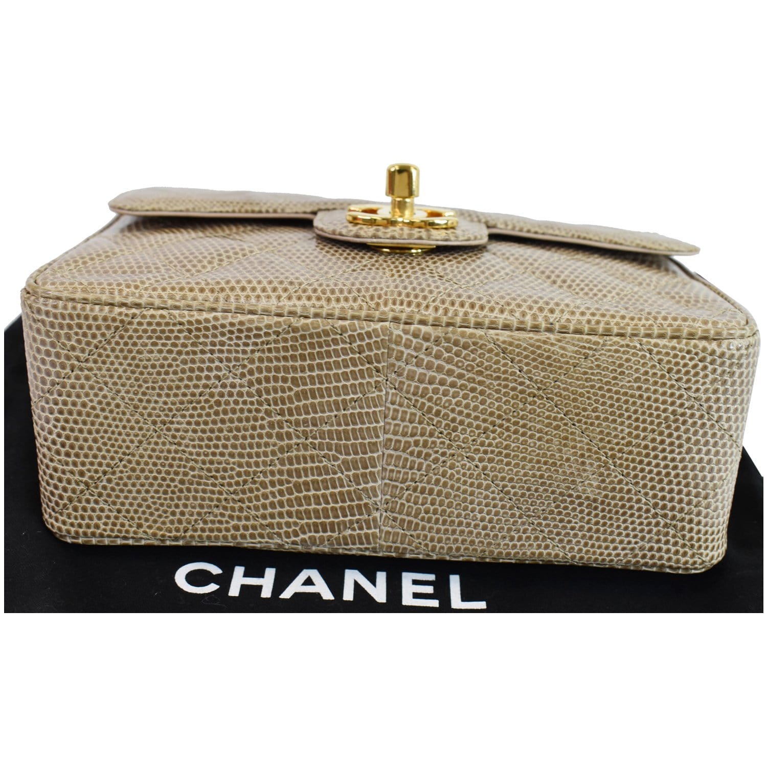 CHANEL Vintage Mini Square Flap Lizard Shoulder Bag Beige/Gold