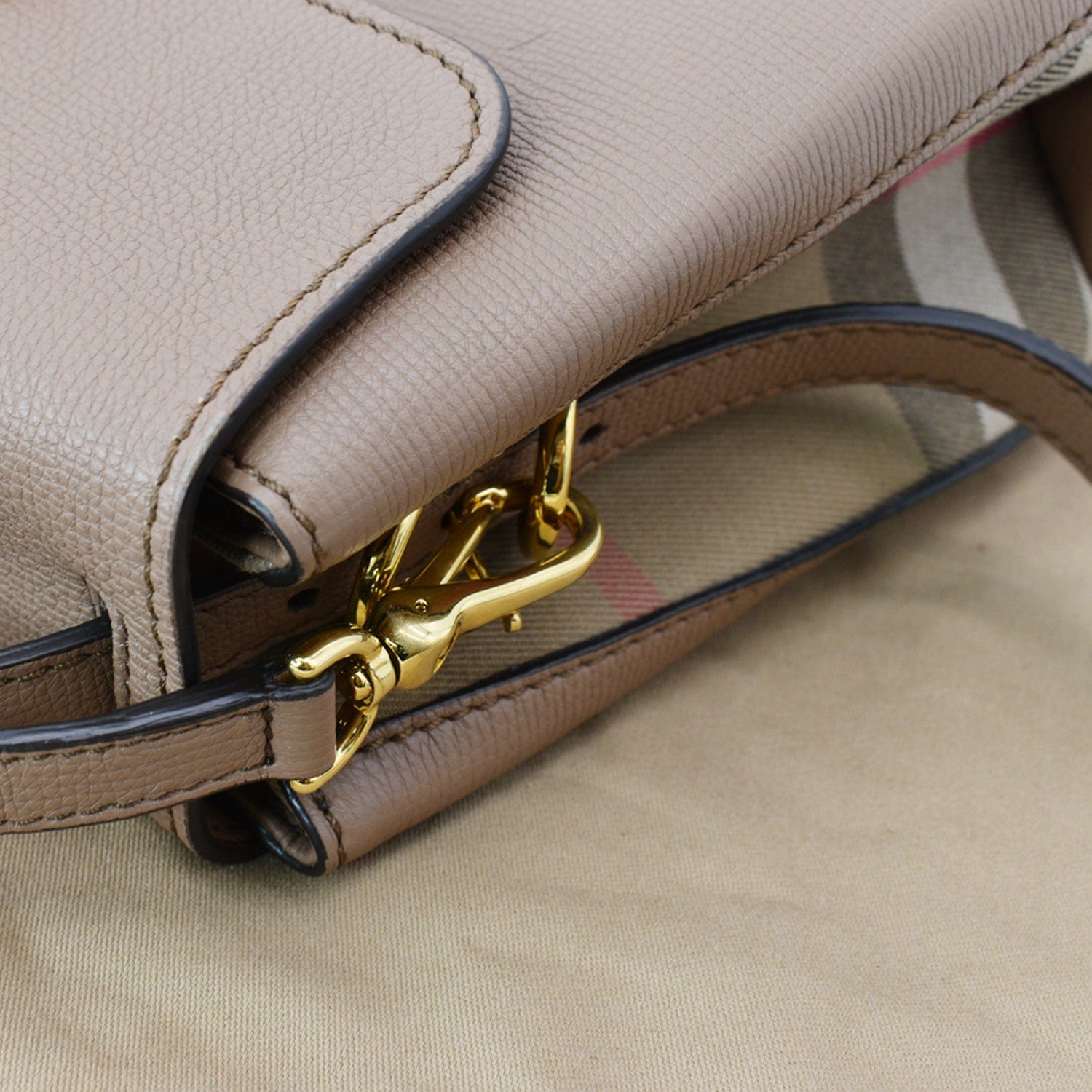 BURBERRY Medium Grainy House Check Leather Tote Shoulder Bag Dark Sand