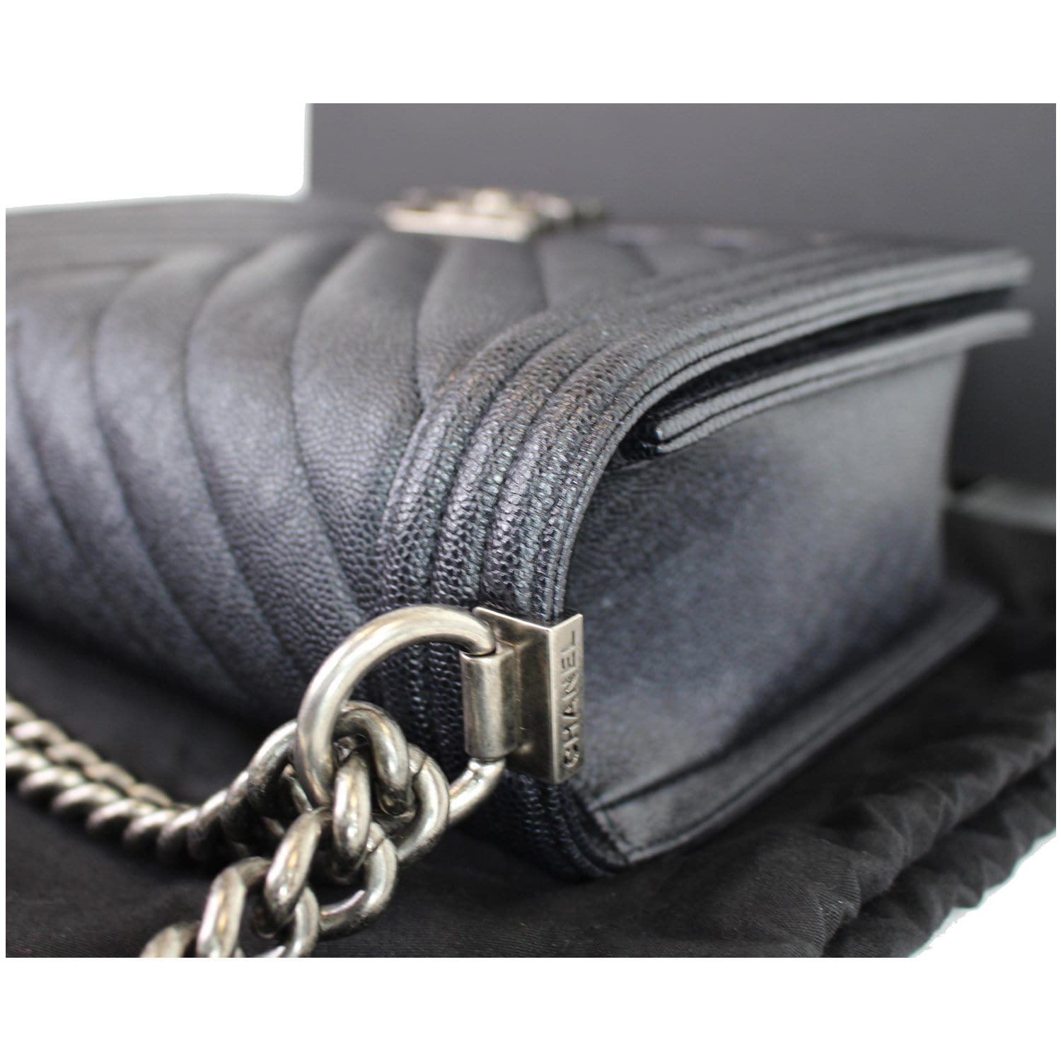 Chanel Boy New Medium Chevron Caviar Shoulder Bag Navy