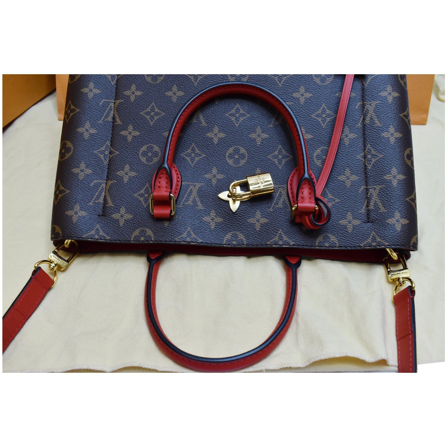 LOUIS VUITTON  Flower Monogram Canvas Tote Shoulder Bag Brown/Red