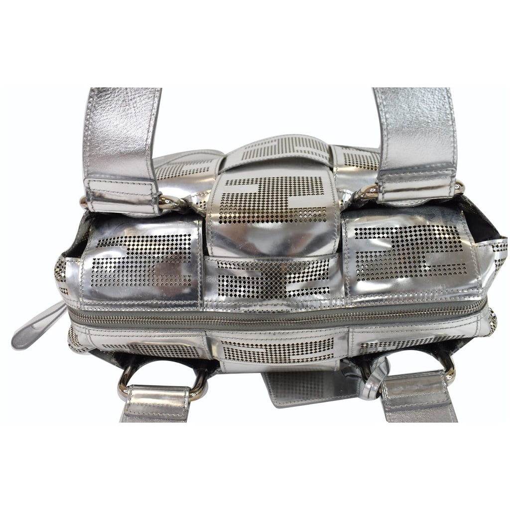 FENDI Crossword Metallic Perforated Leather Shoulder Bag Silver
