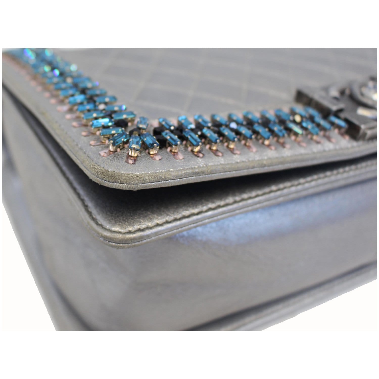 CHANEL Boy Medium Lambskin Leather Embroidered Shoulder Bag Silver - Last Call