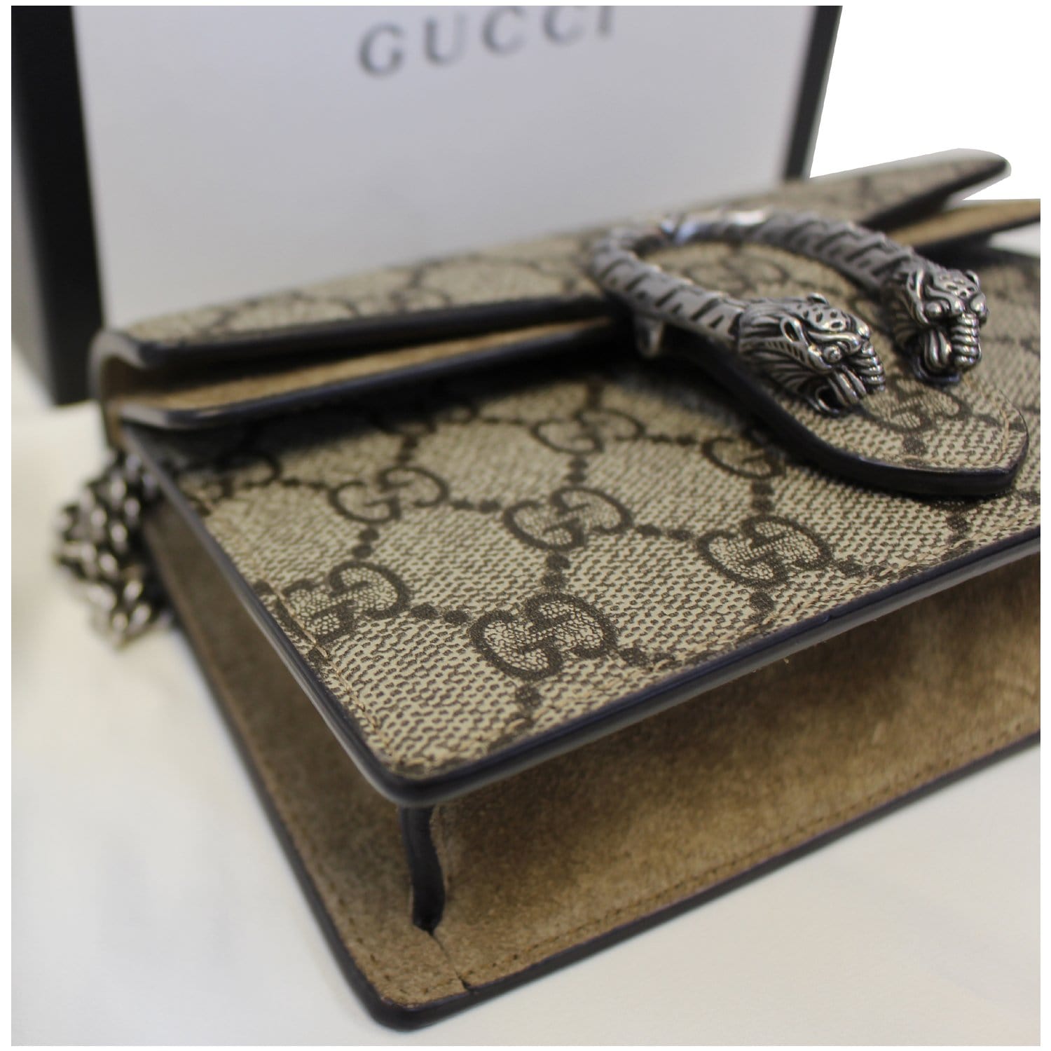 GUCCI Dionysus Super Mini GG Supreme Canvas Shoulder Crossbody Bag Taupe