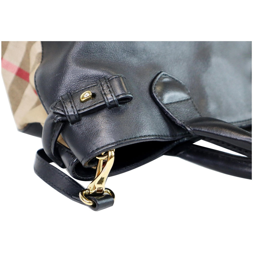 BURBERRY House Check Medium Banner Calf Leather Tote Bag Black