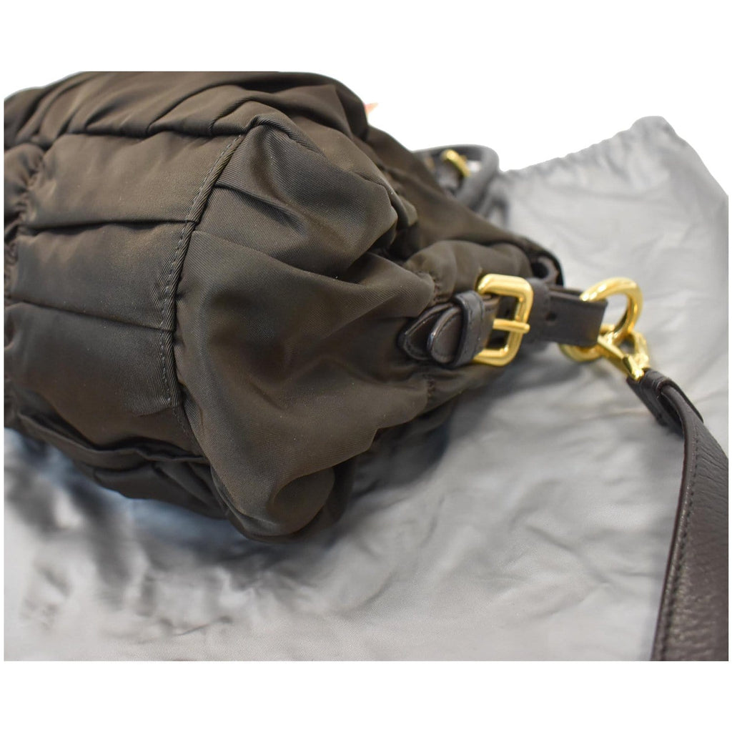 PRADA Tessuto Gaufre Ruched Nylon Leather Shoulder Bag Green