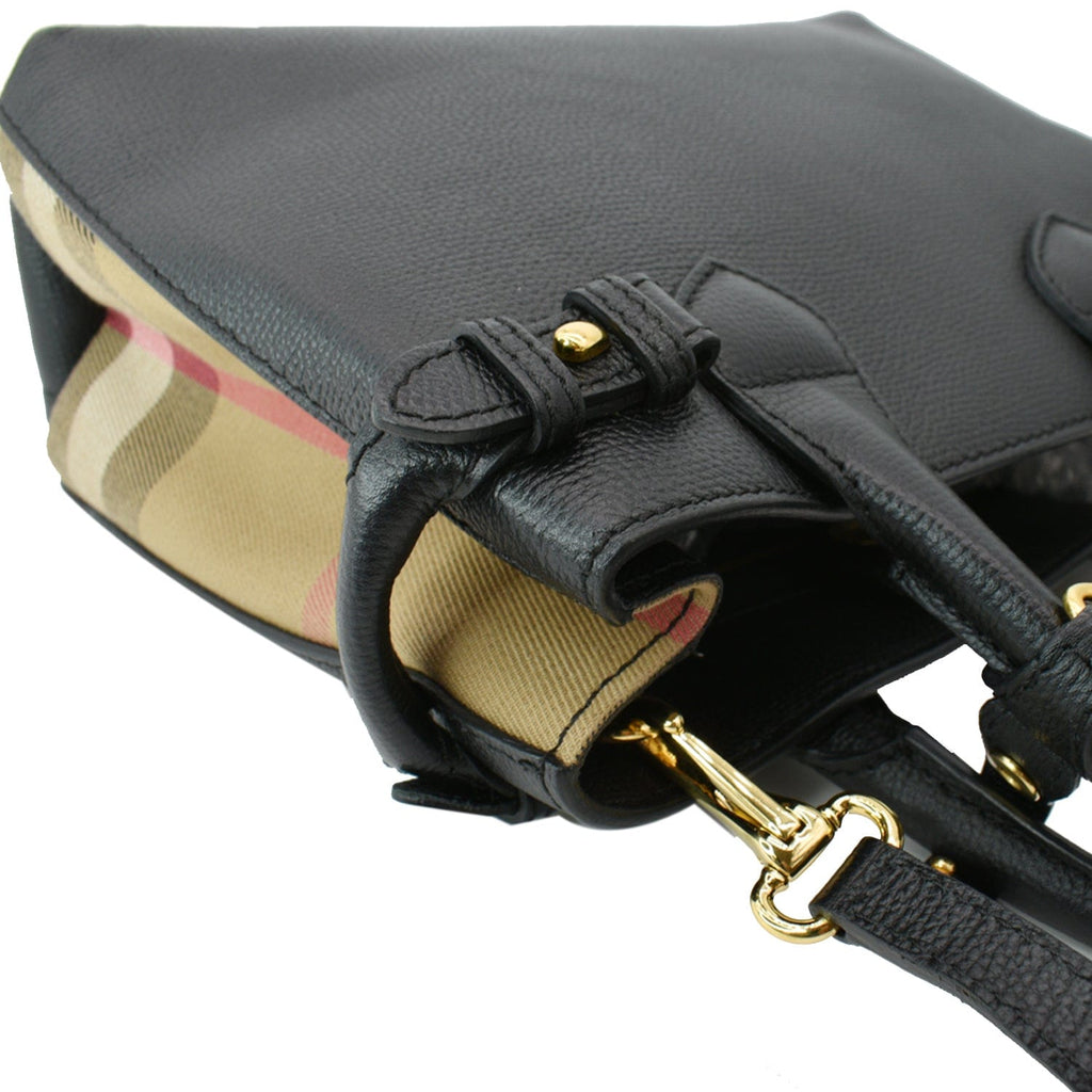 BURBERRY Derby Banner Small House Check Leather Tote Shoulder Bag Black